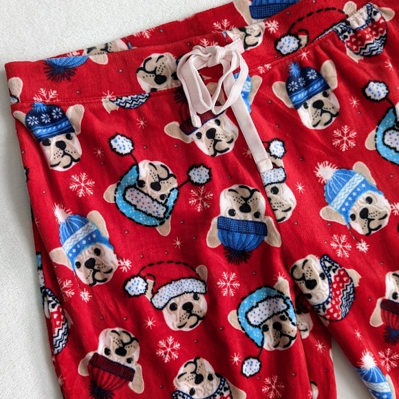 Novogratz Lounge Joggers Frenchie Winter Print Plush Elastic Waist Red M NWT - Picture 5 of 15